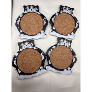 Cat Coaster Lot Cork Black White Set of 4